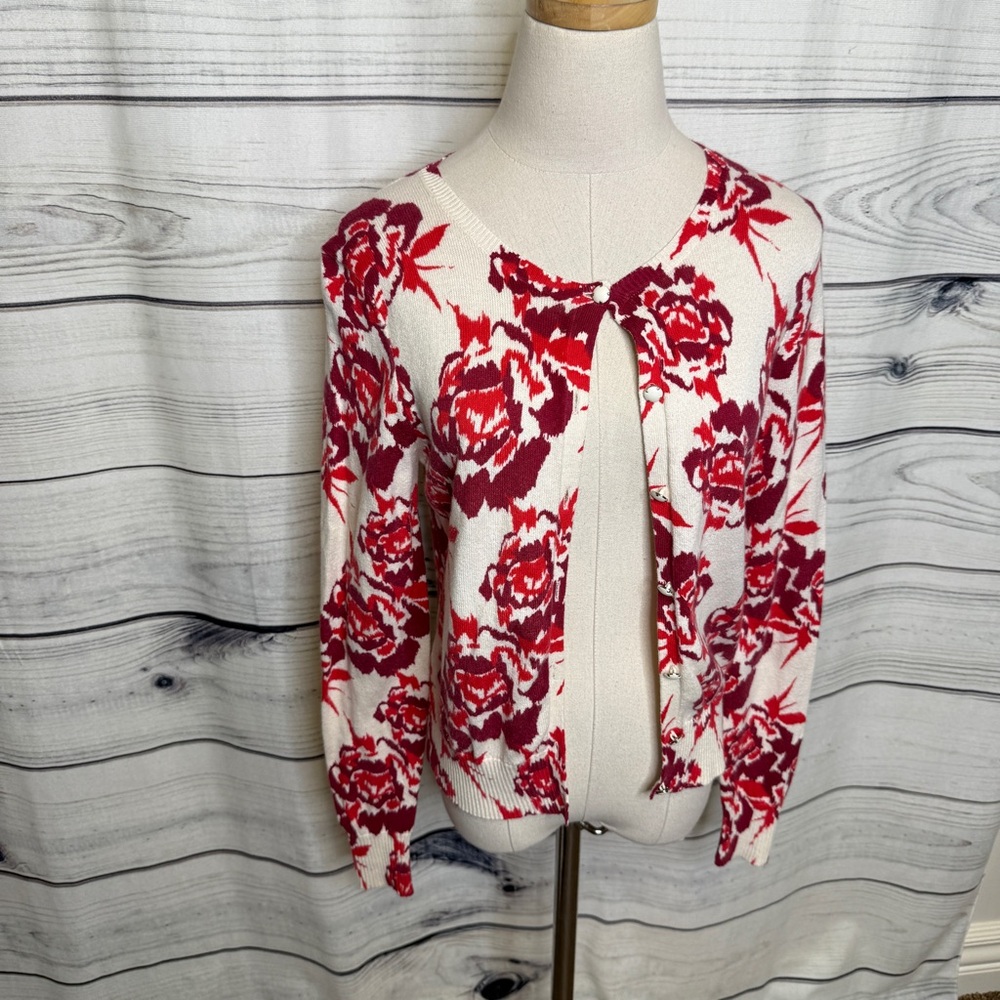 Fossil Cream Cardigan with Red Floral Pattern